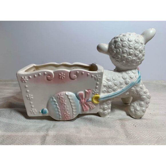Lamb Pulling Wagon Planter E3304 Japan 50’s Vintage Ceramic - Picture 3 of 4